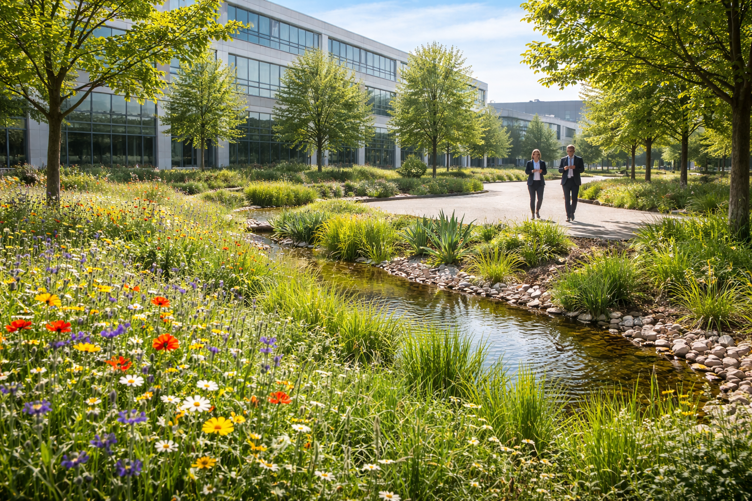 BIurowiec, zieleń, łąka